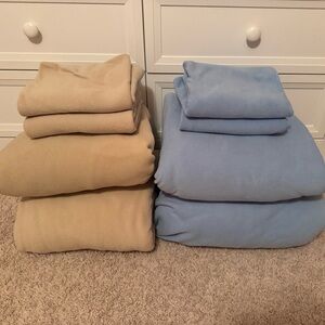 Bundle of 2 sets of Queen sized Sunbeam Super Soft Fleece sheets, blue and tan